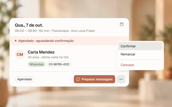 Atendimento aberto no eClin aguardando confirmação, com Preparar mensagem e o menu com Confirmar, Remarcar e Cancelar.