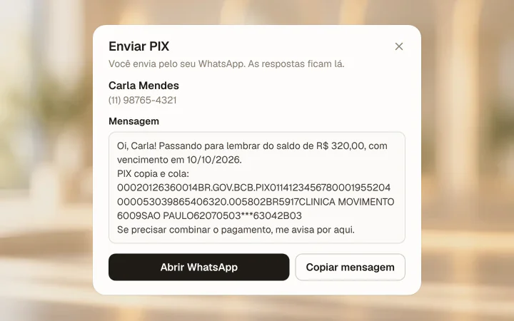 Mensagem de cobrança preparada pelo eClin com o valor e o código PIX, pronta para enviar pelo WhatsApp.