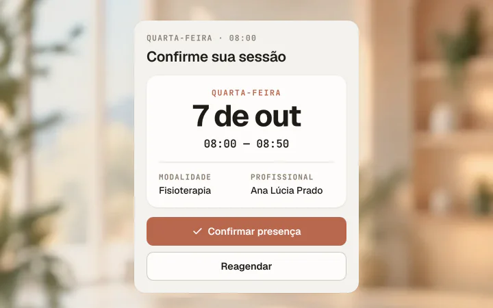 Portal do paciente do eClin mostrando o próximo atendimento com os botões Confirmar presença e Reagendar.
