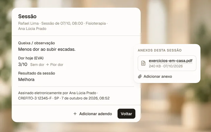 Evolução concluída e assinada no eClin, com um anexo e a opção Adicionar adendo.