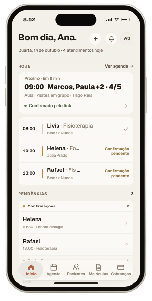 Início do dia no app do eClin, no celular